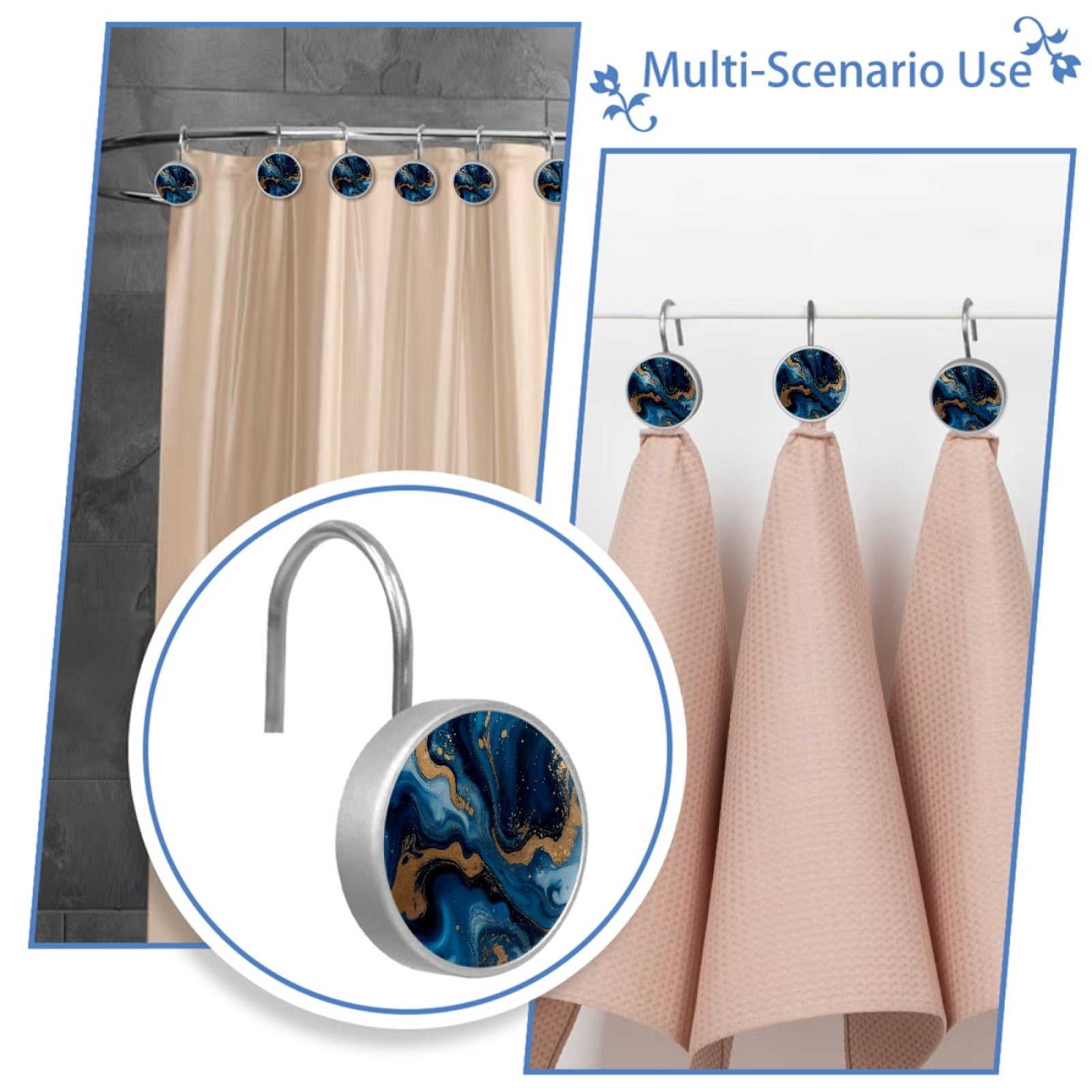Blue Gold Abstract Marble 12 Pack Shower Curtain Hooks, Decorative Shower Rings for Shower Curtain Rods, Stainless Steel, Rust Resistant, Round Curtain Hooks for Bathroom