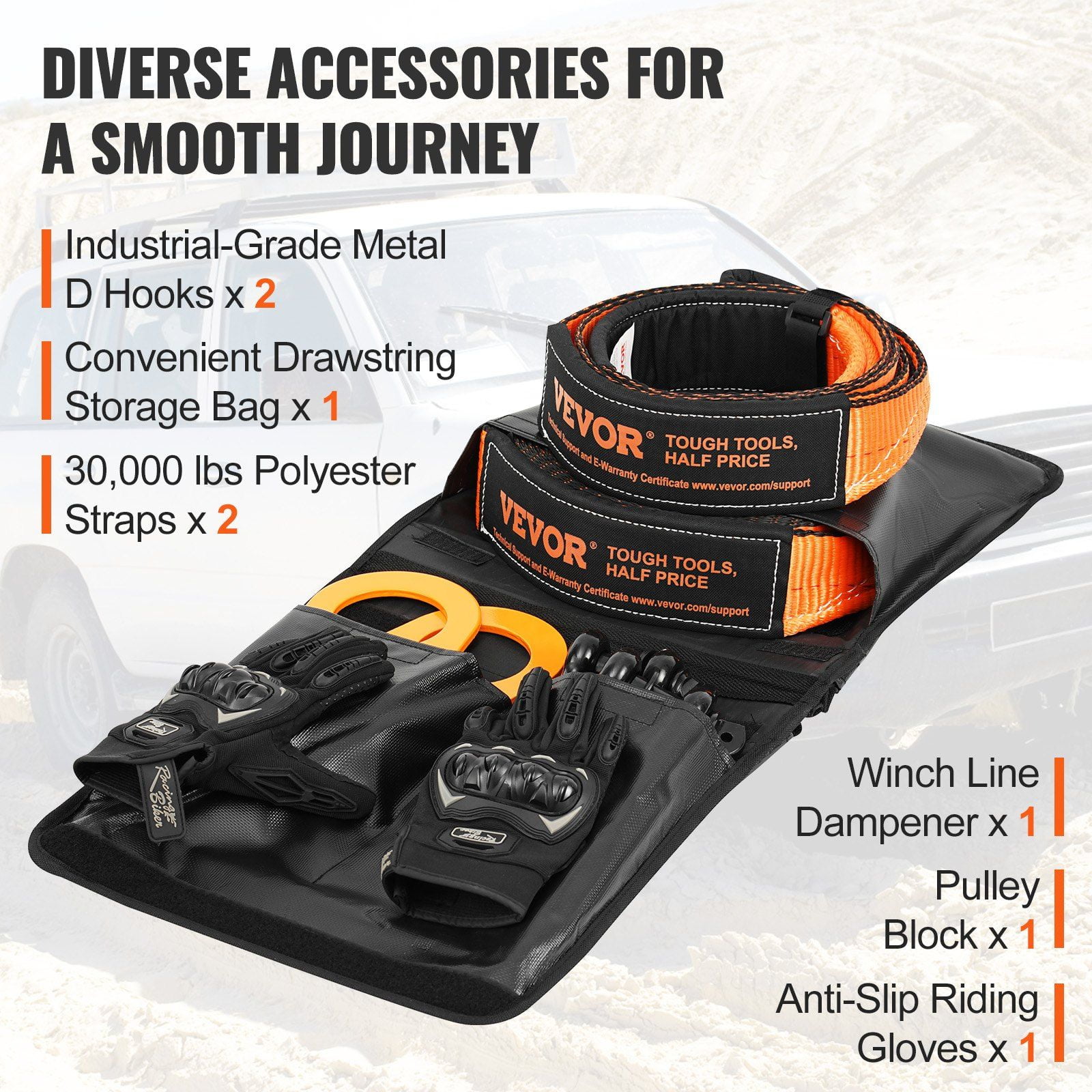 Off Road Recovery Kit 3 x 30 Heavy Duty Winch Kit 30000 lbs Tow Straps 44092 lbs D Ring Shackles Shackle Receiver Snatch Block Pulley Gloves Storage Bag for ATV Jeep Truck