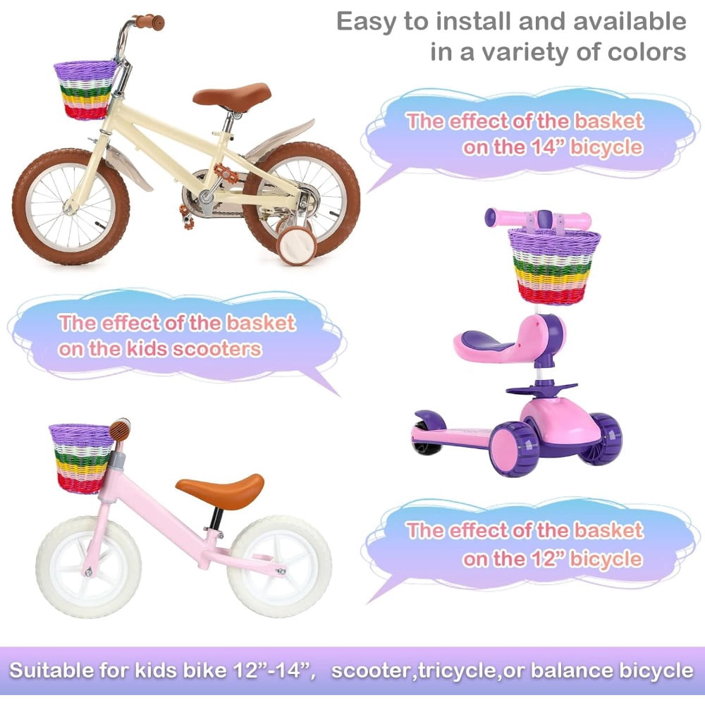 Bike Basket Kids Front,Premium Hand-Woven Rainbow Bicycle Basket,Cute Adults Boys Girls Bike Basket,Tricycle Cruiser Bikes & Folding Bike Basket