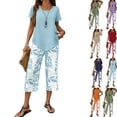 thumbnail image 2 of 2 Piece Sets for Women Summer Lounge Sets Printed Capris Wide Leg Crop Pants Travel Beach Vacation Outfits,Sky Blue,XL, 2 of 5