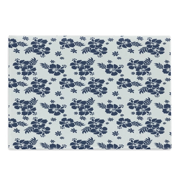 Hawaii Cutting Board, Monochrome Foliage Bouquet Abstract Art the Flower of Aloha State Hibiscus, Decorative Tempered Glass Cutting and Serving Board, Large Size, Navy Blue White, by Ambesonne