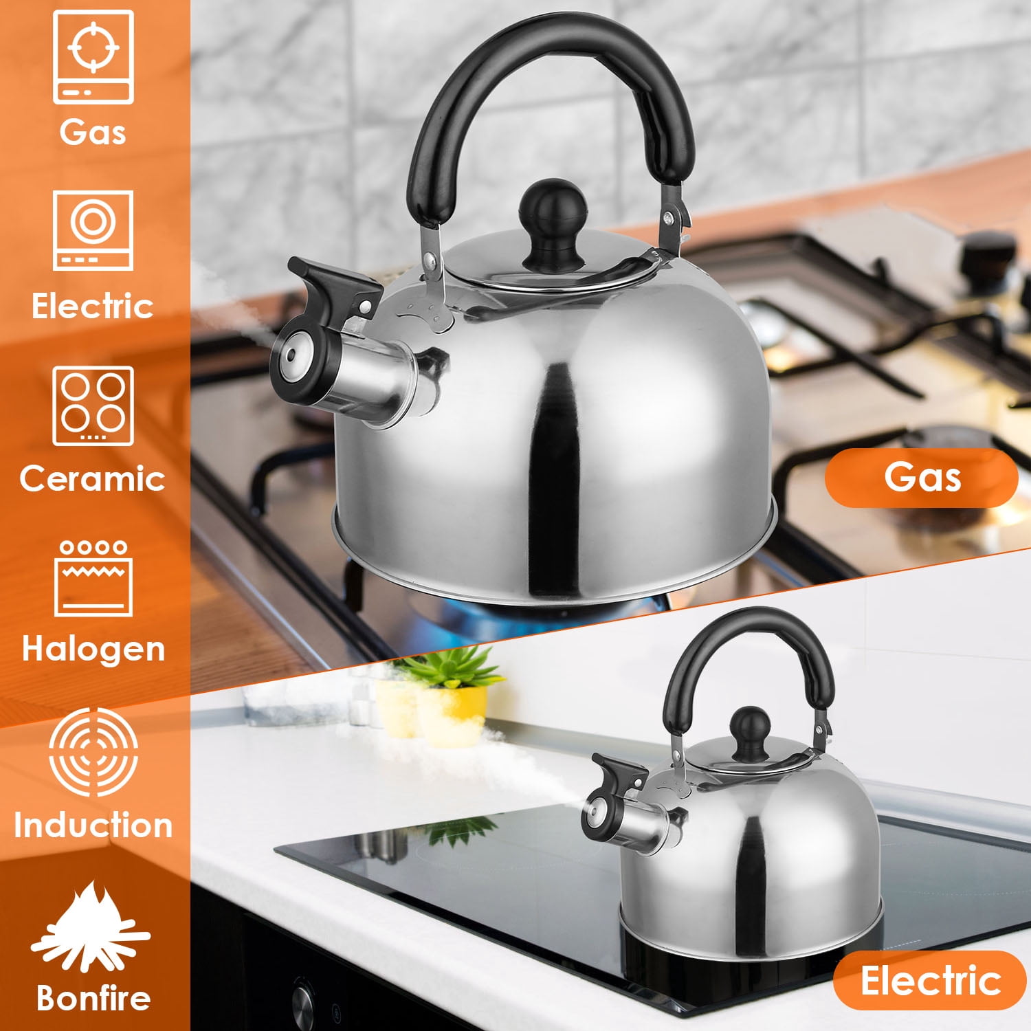 2.1 Quart Stainless Steel Whistling Kettle, Heat Insulated Handle Fast Heating Tea Kettle, Compatible with All Stoves for Kitchen Camping Office