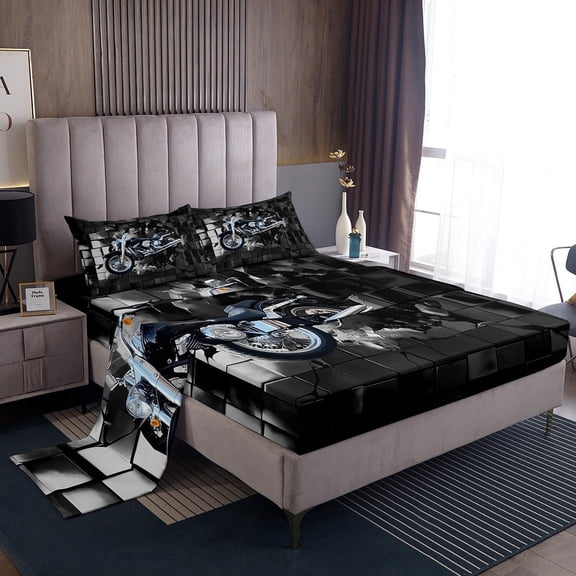 Erosebridal Black Dirt Bike Sheet Set Twin,Geometric Plaid Bedding Sets Twin Size,Extreme Sports Twin Sheet Sets,Microfiber Buffalo Room Decor,3pcs