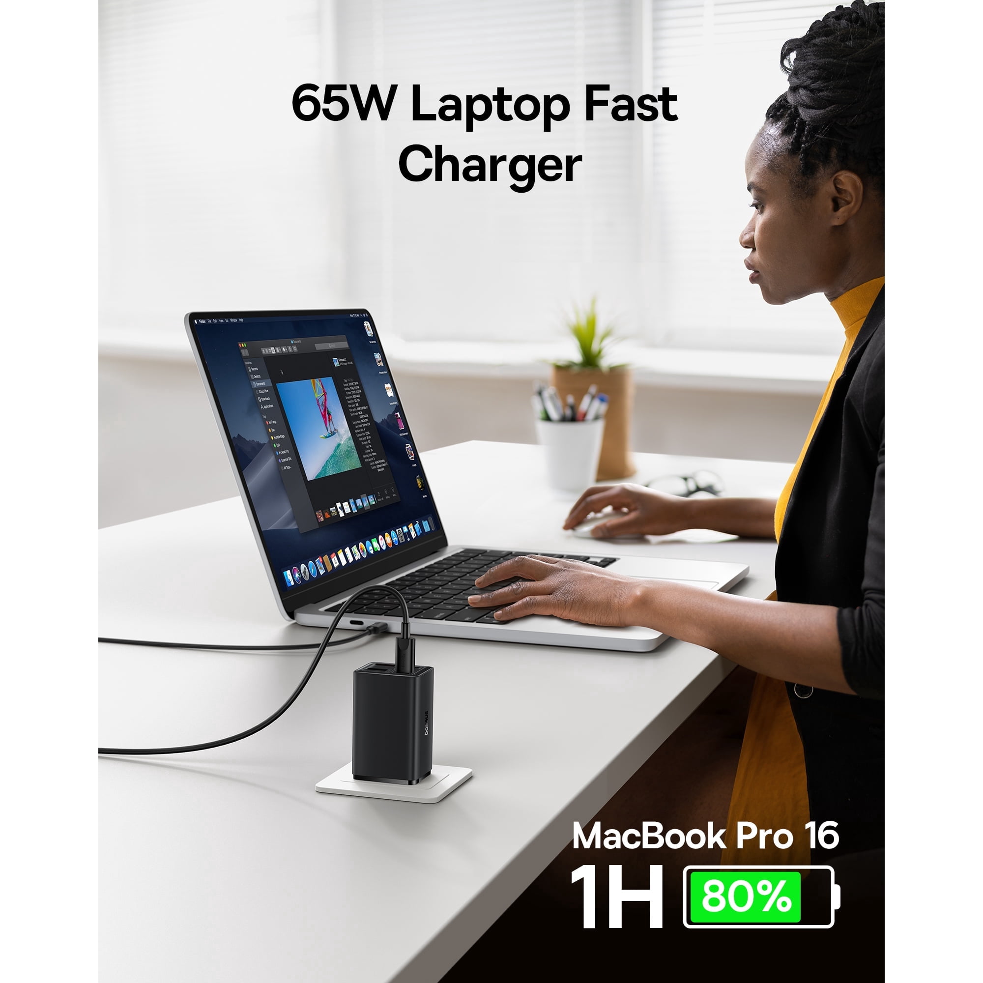 Baseus USB Charger, 65W Wall Charger with USB C Cable, Fast Charging 4-Port, Black