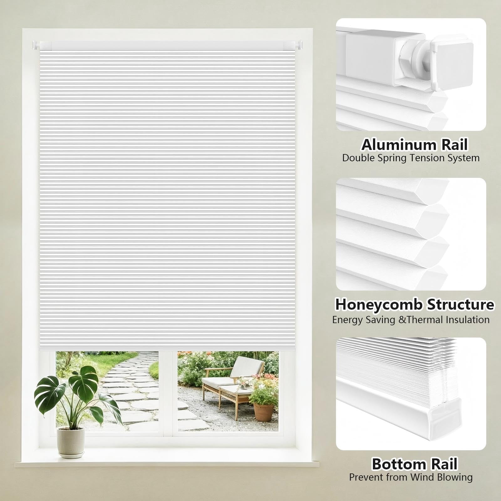 Shade&Beyond No Tools No Drill Blinds for Indoor Windows 21"W x 48"H, Cordless Top Down Bottom Up Cellular Honeycomb Shade for Window, Light Filtering Thermal Insulation Noise Reduction,White