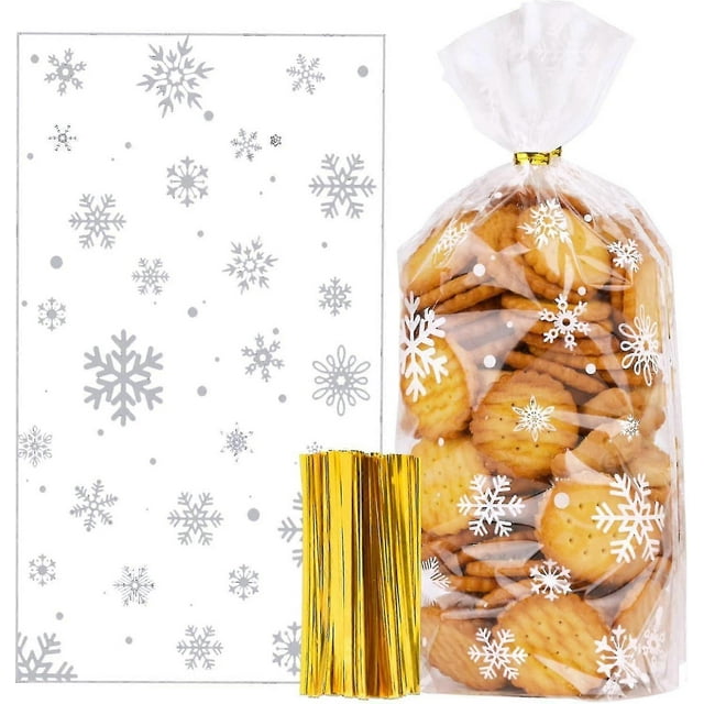 100pcs Christmas Cellophane Bags - Snowflake Cellophane Bags For Sweet Cookie Chocolate Flat Bottom Clear Christmas Party Treat Bags With Twist Ties (