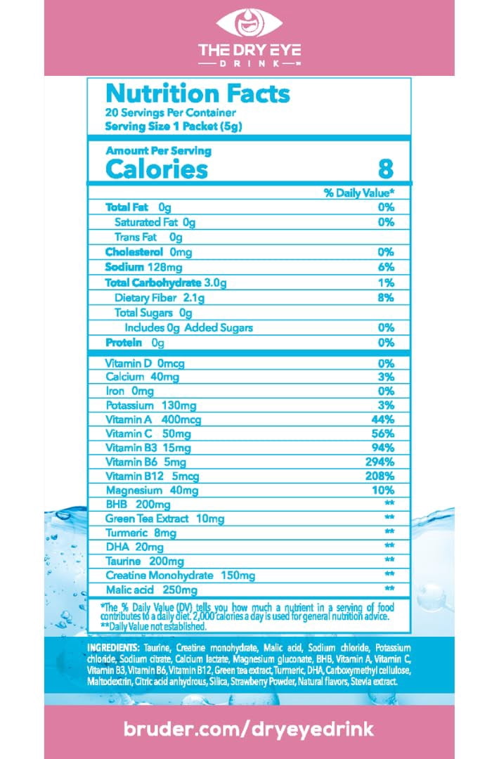 The Dry Eye Drink Strawberry Lemon Flavor l Ultimate Hydration for Dry Eyes l Sugar-Free Electrolyte Powder Packets l Blended with Vitamins, Green Tea, Turmeric, Taurine, and DHA l 5g x 20 Packets