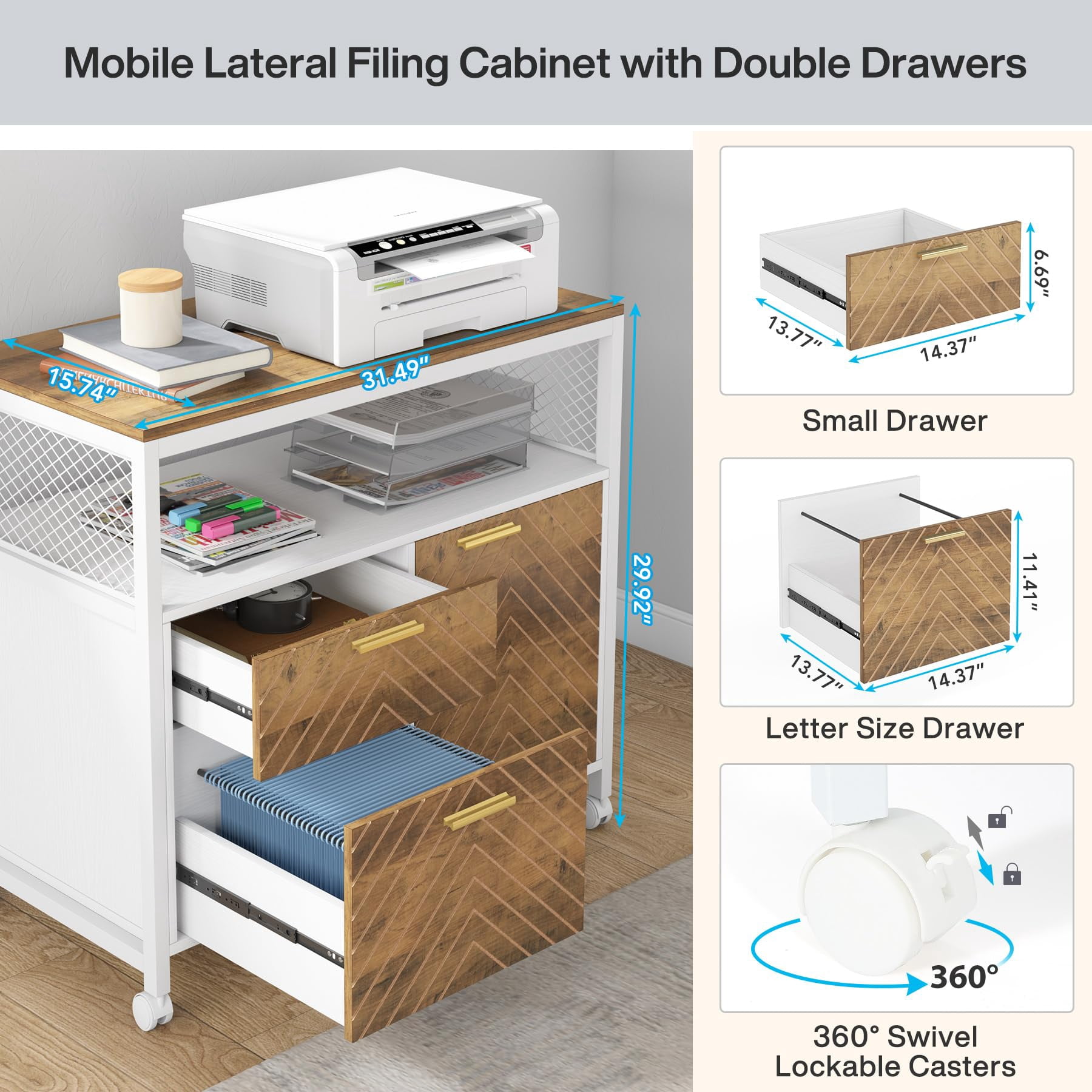 Fnova Modern File Cabinet with Drawers for Letter-Sized File and Door, Lateral Filing Cabinet Printer Stand with Storage Shelves and with Rolling Caster for Home Office, Rustic