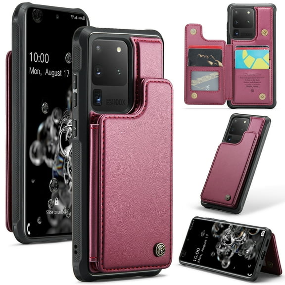 Feishell for Samsung Galaxy S20 Ultra Case with Card Holder, Wallet Case for Women Men with RFID Blocking, Durable PU Leather Kickstand Magnetic Clasp Shockproof Phone Case,Winered