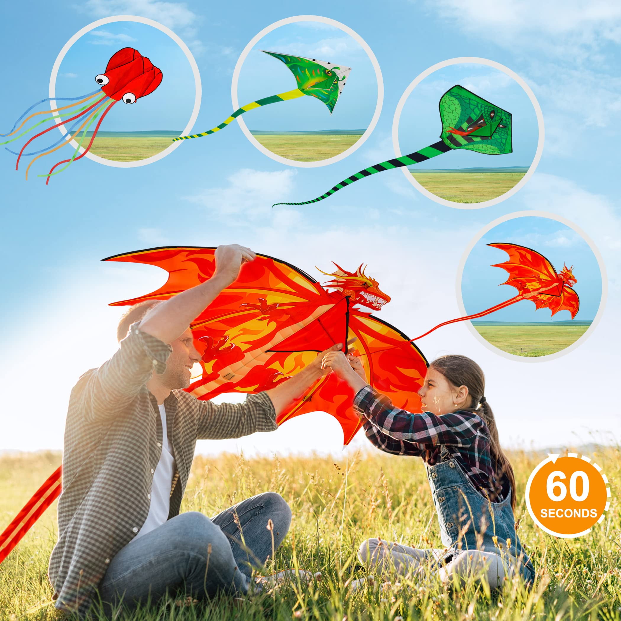 4 Pack Kites - Large Fire Dragon Kite Green Snake Kite Devil Fish Kite Red Mollusc Octopus with Long Colorful Tail for Kids Adults Outdoor Game Activities