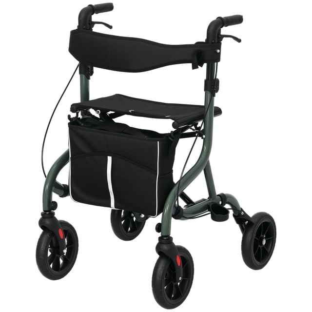 Déambulateur à Roulettes Léger et Pliable avec Siège - Hauteur Ajustable, Vert - Idéal pour les Aînés et l'Extérieur - Déambulateur à Roulettes avec Sac de Rangement et Freins