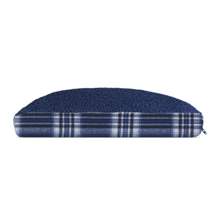 FurHaven Pet Dog Bed | Deluxe Faux Sheepskin & Plaid Pillow Pet Bed for Dogs & Cats, Midnight Blue,