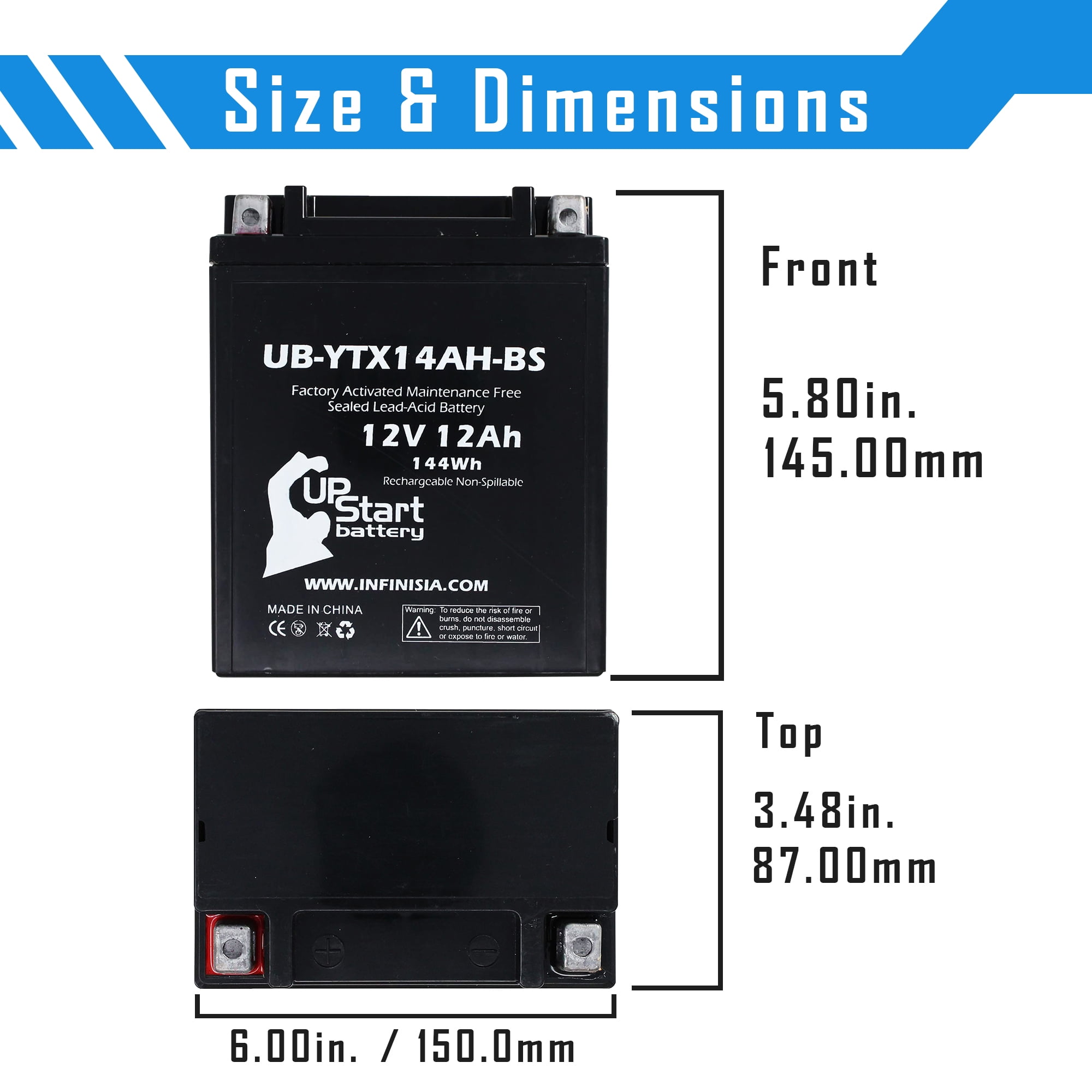 UB-YTX14AH-BS Battery Replacement for 1987 Yamaha YFM225 Moto 4 225 CC ATV - Factory Activated, Maintenance Free, Motorcycle Battery - 12V, 12AH, UpStart Battery Brand
