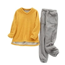 Enjoytime Womens Winter Outfits Solid Color Thick and Velvet Warm Pajamas Crewneck Long Sleeve Tops Pants 2 Piece Sets Soft Comfy Sleepwear