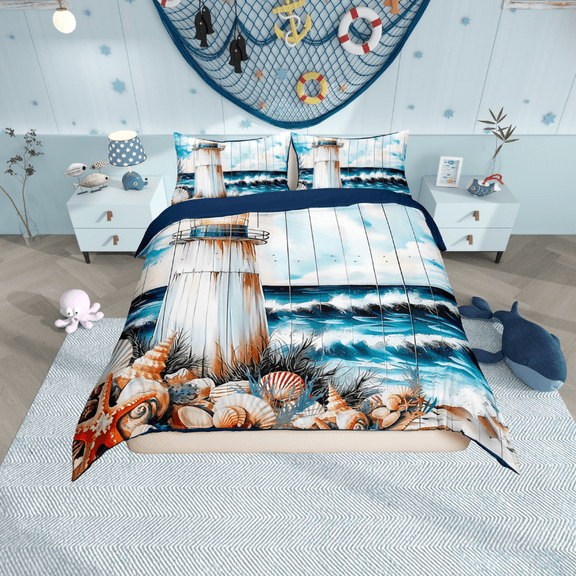 Erosebridal White Lighthouse Comforter Cover Twin,Ocean Theme Bedding Twin Size,Lodge Cabin Duvet Cover Twin,Ultra Soft Sea Bedroom Decoration,Reversible,2-Piece(No Comforter)