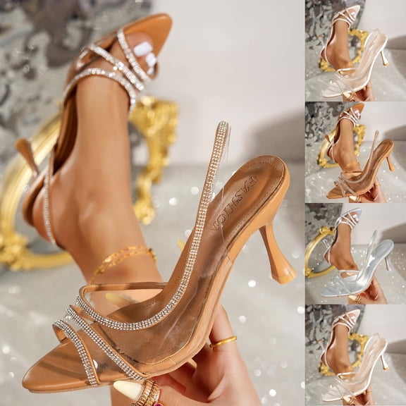 YTCAMLO Clear Heels for Women Summer Fashion Slingback Heels Pumps Rhinestone Open Pointed Toe Sandals Wedding Dress Shoes