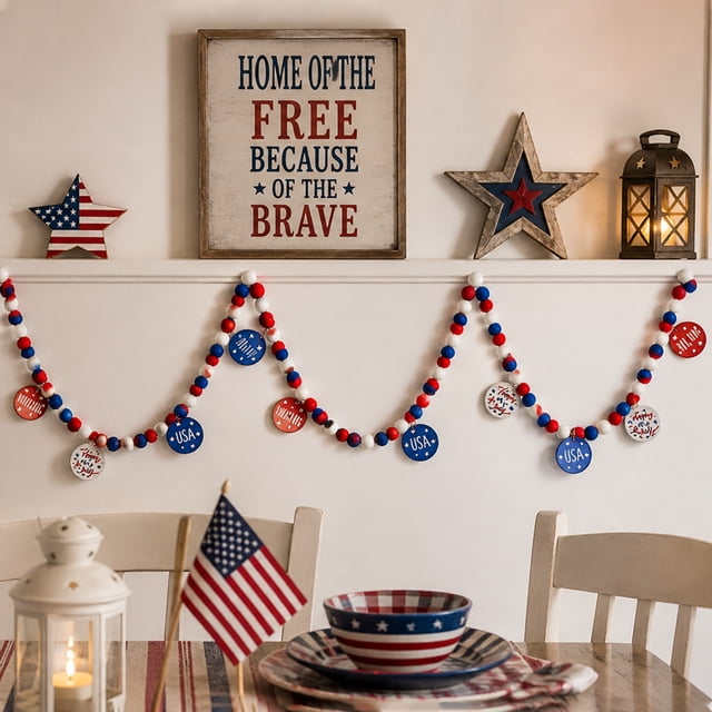 Patriotic Bead Garland With Ball And Star Ornaments 4th Of July Decoration