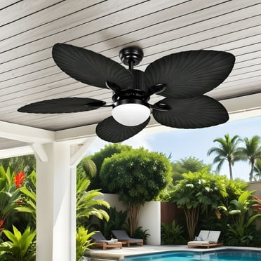 ModFusion 52in Gothic Troplical Ceiling Fan Light, 6-Speed Remote, 5 Palm Leaf Blades, Black