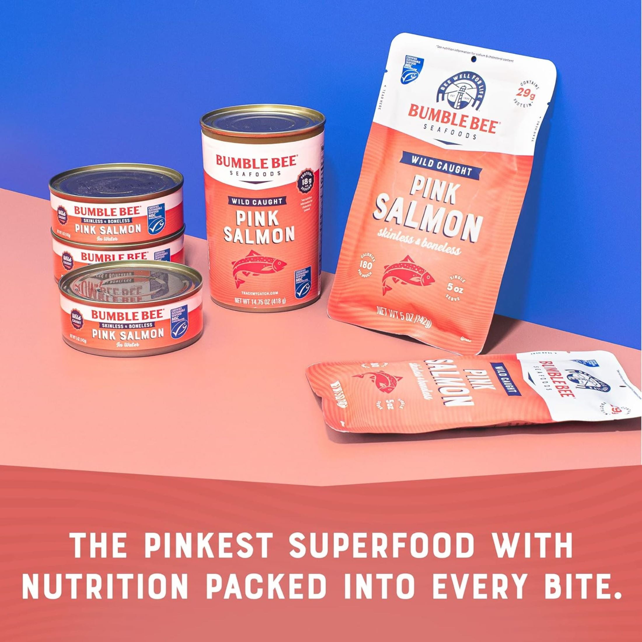 (12 pack) Bumble Bee Pink Salmon, Wild Caught, Gluten Free, 18g Protein per Serving, Ready to Eat, Shelf Stable Can, 14.75oz
