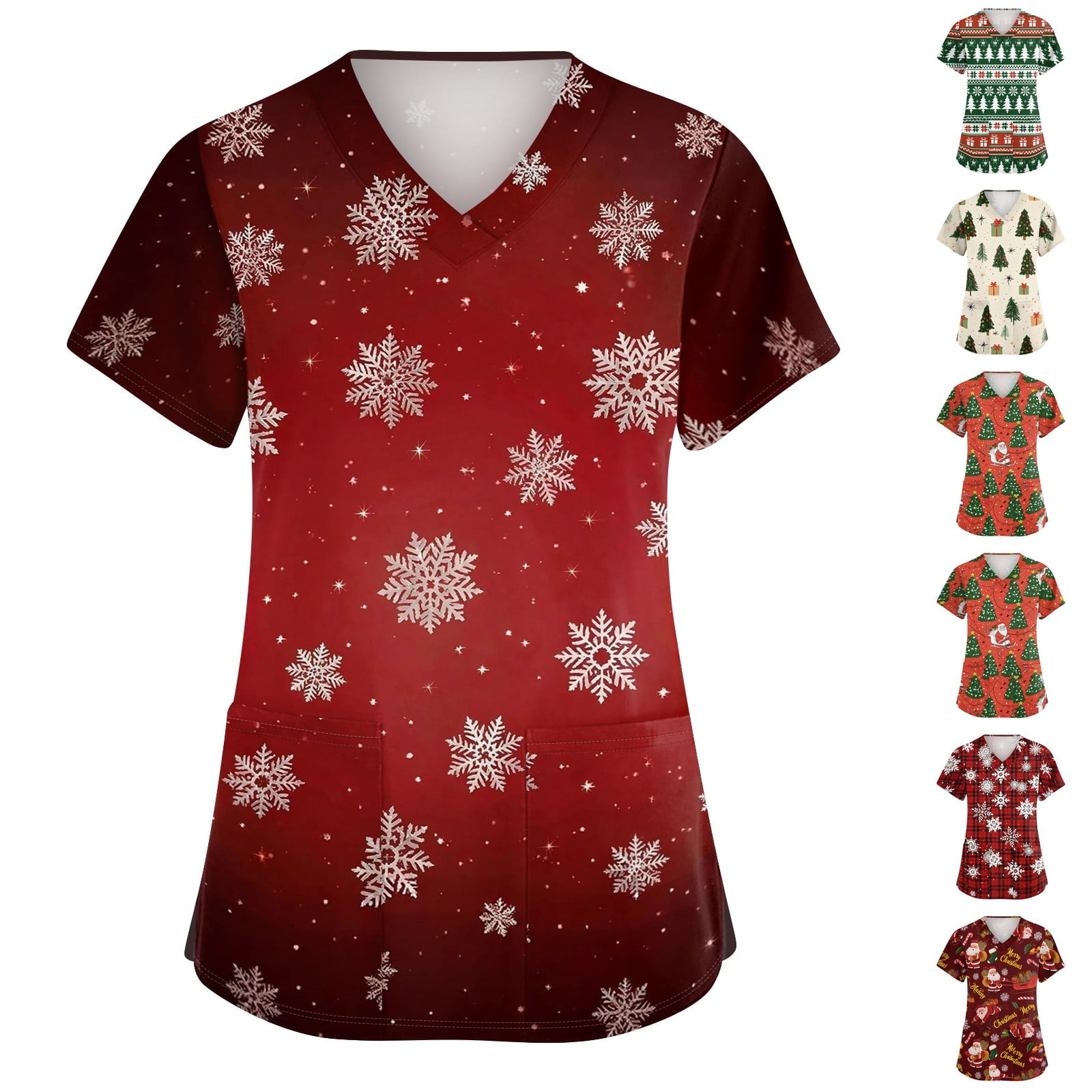 Lumtrix Christmas Scrubs Top for Women V Neck Short Sleeve Nursing Shirts Funny Print Baggy Medical Uniforms with Pocket Wine L