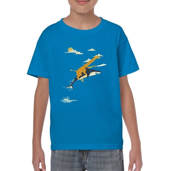 Image Conscious Giraffe Riding A Shark T-Shirt Juniors -Jay Fleck Designs, Unisex Unisex Regular Fit