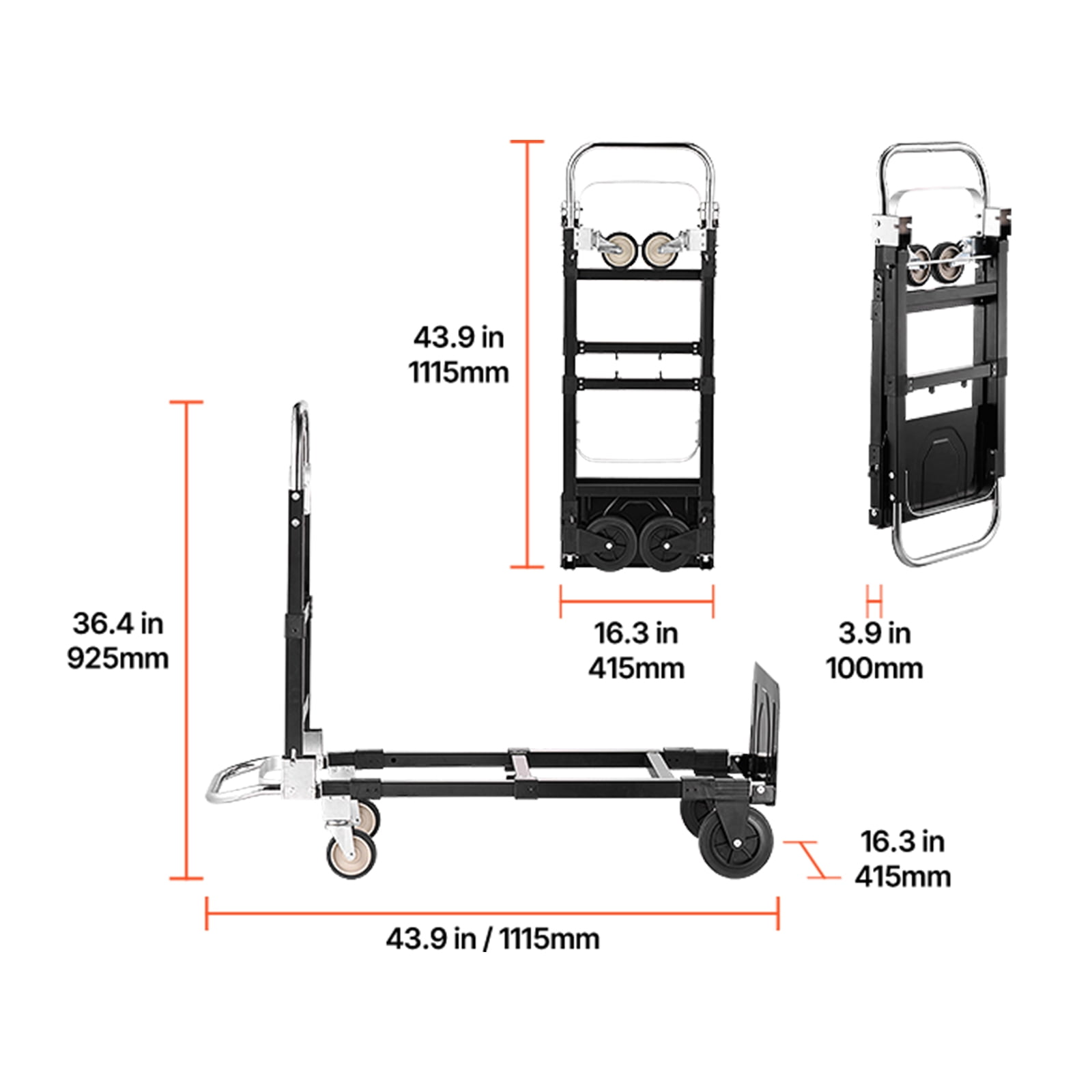 VEVOR 2 in 1 Folding Hand Truck, 500 lbs Load Capacity for 4-Wheel Mode, Convertible Hand Truck Dolly with Wheels & Adjustable Handle, Portable Trolley Dolly for Moving Home, Office, Warehouse