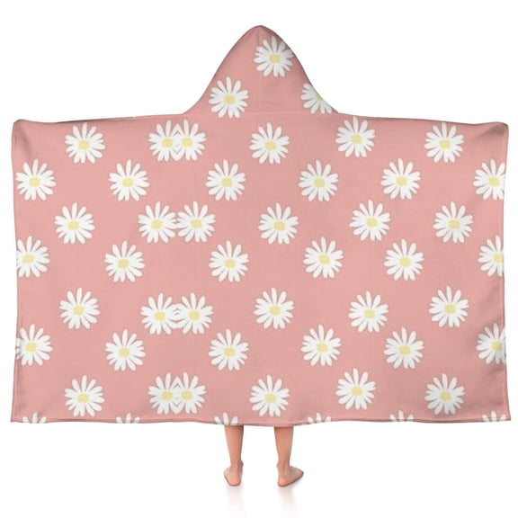 Pink Daisy Flower White Blooms Pattern Hooded Bath Towel,50"x30" for Ages 3 To 12 Kids, Quick Dry Lightweight Soft Microfiber Hood Beach Towel Cover Up for Kids