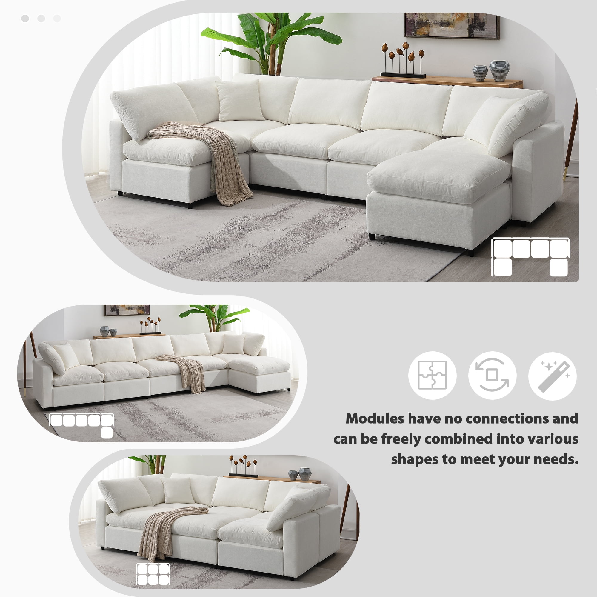 MAYEERTY 130x65" Modern Modular Cloud Sofa Bed - 6-Seat Chenille U-Shaped Sleeper with Ottoman, Free Combination for Living Room/Apartment, 3 Colors
