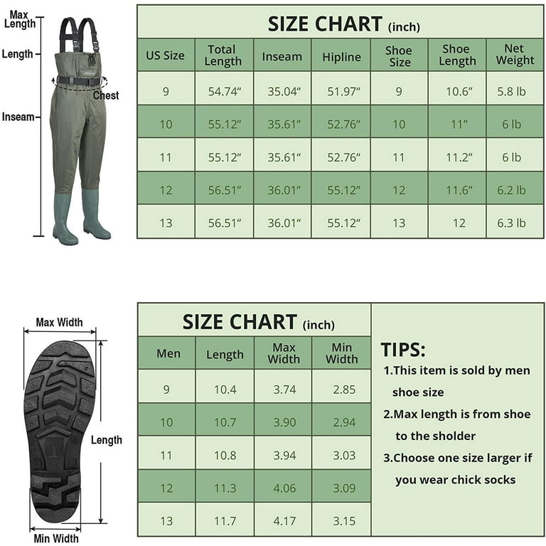 Triple Tree Chest Waders, Fishing Hunting Waders with Non-Slip Boots  Unisex, Two-Ply Waterproof Nylon and PVC Bootfoot Wader, Green Size 12 