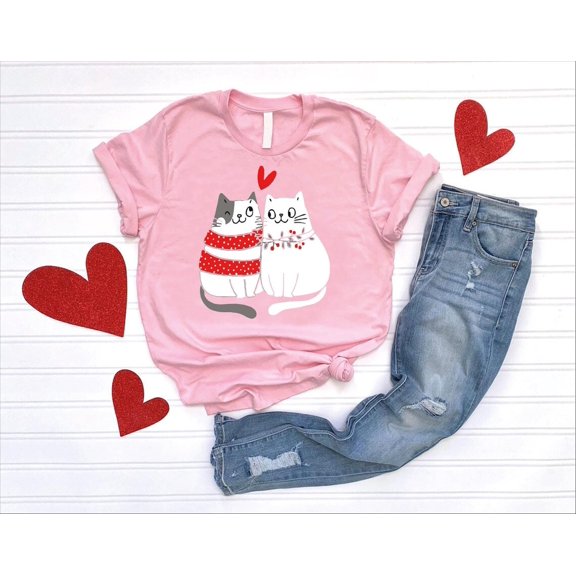 Valentine Cat T-Shirt, Cat Couple Shirt, Heart Love Cat Shirt, Cat Lover Shirt, Valentines Day ,Lover ,Cat Mom Tee,Valentines Couple Tshirt All Size S-5XL