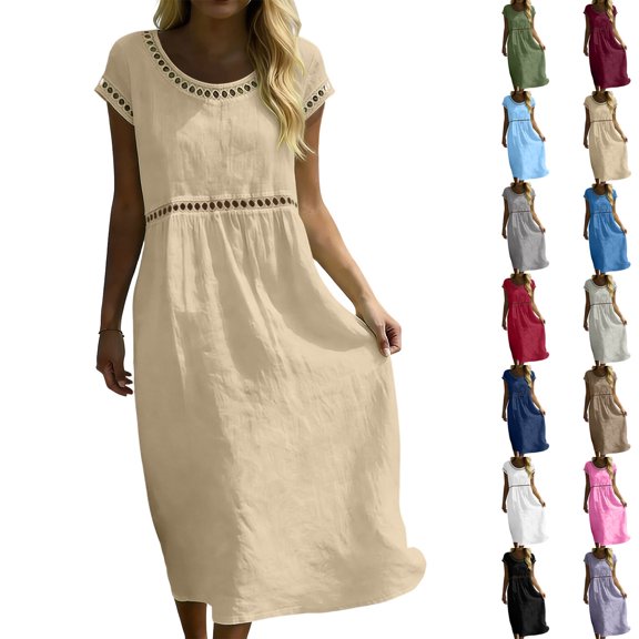 Jaunzuar Maxi Dresses for Women Summer Fashion Short Sleeve Dress Casual Vacation Flowy Beach Dresses L