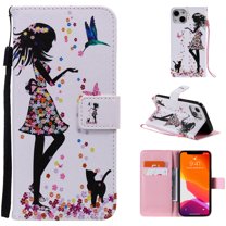 Allytech Colorful Painting PU Leather Case for iPhone 14 6.1" 2022, Flip Folio Kickstand Card Slots Removable Hand Strap Case for iPhone 14 5G, Floral Girl