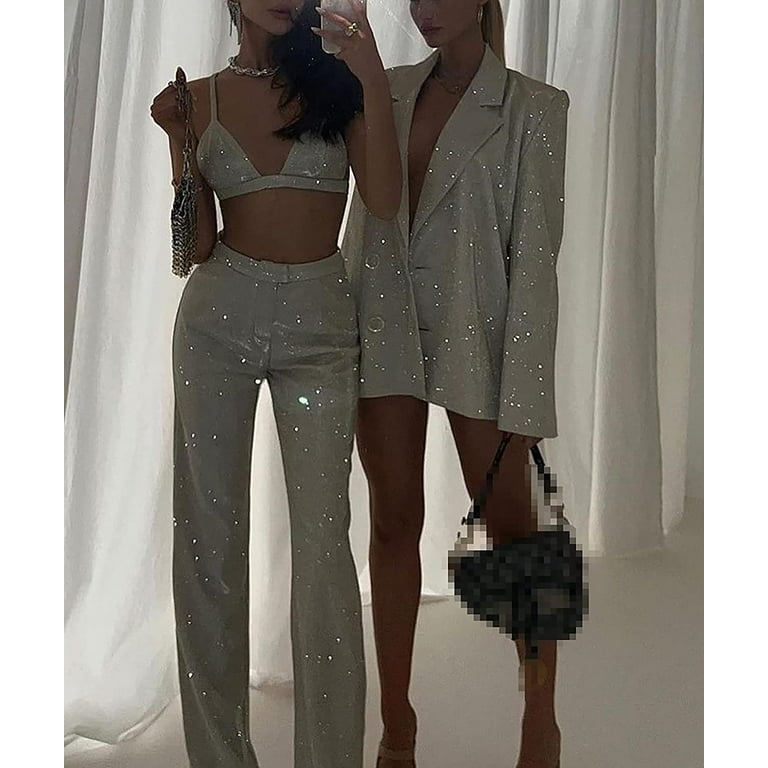 Women Shiny Blazer Silver Bling Oversized Suit Set Lapel Jacket Bra Top  Loose Long Pants Party Clubwear Streetwear 