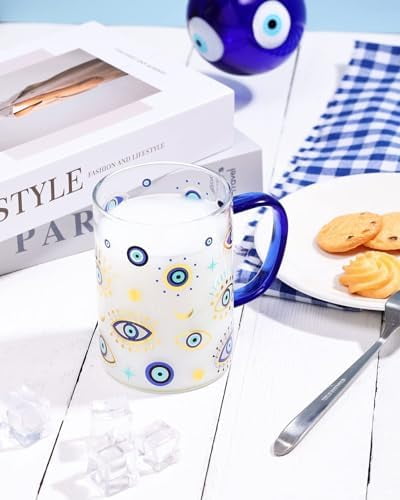 Evil Eye Glass Coffee Cup with Handle 16oz Glass Can for Hot/Cold Beverages Cappuccino Latte Espresso Beer Hamsa Blue Evil Eye for Protection Tumbler Mug Heat-Resistant and Freezer Safe