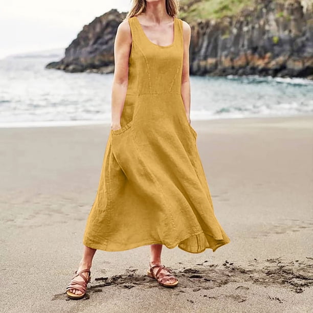 chinese dress ladies Sandwich Casual linen tunic dress with side button and pocket detail i  CW  CW