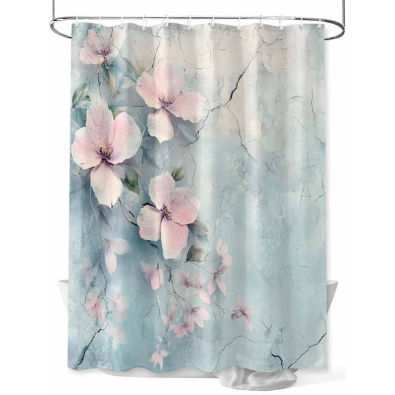 Fsddascl Pink Spring Flower Shower Curtain Set - 36" x 78" Washable Bathtub Curtain with 12 Hooks, Retro Blue Wall Mottled Pastoral Waterproof Fabric Stall Shower Curtains for Bathroom/Bathtub