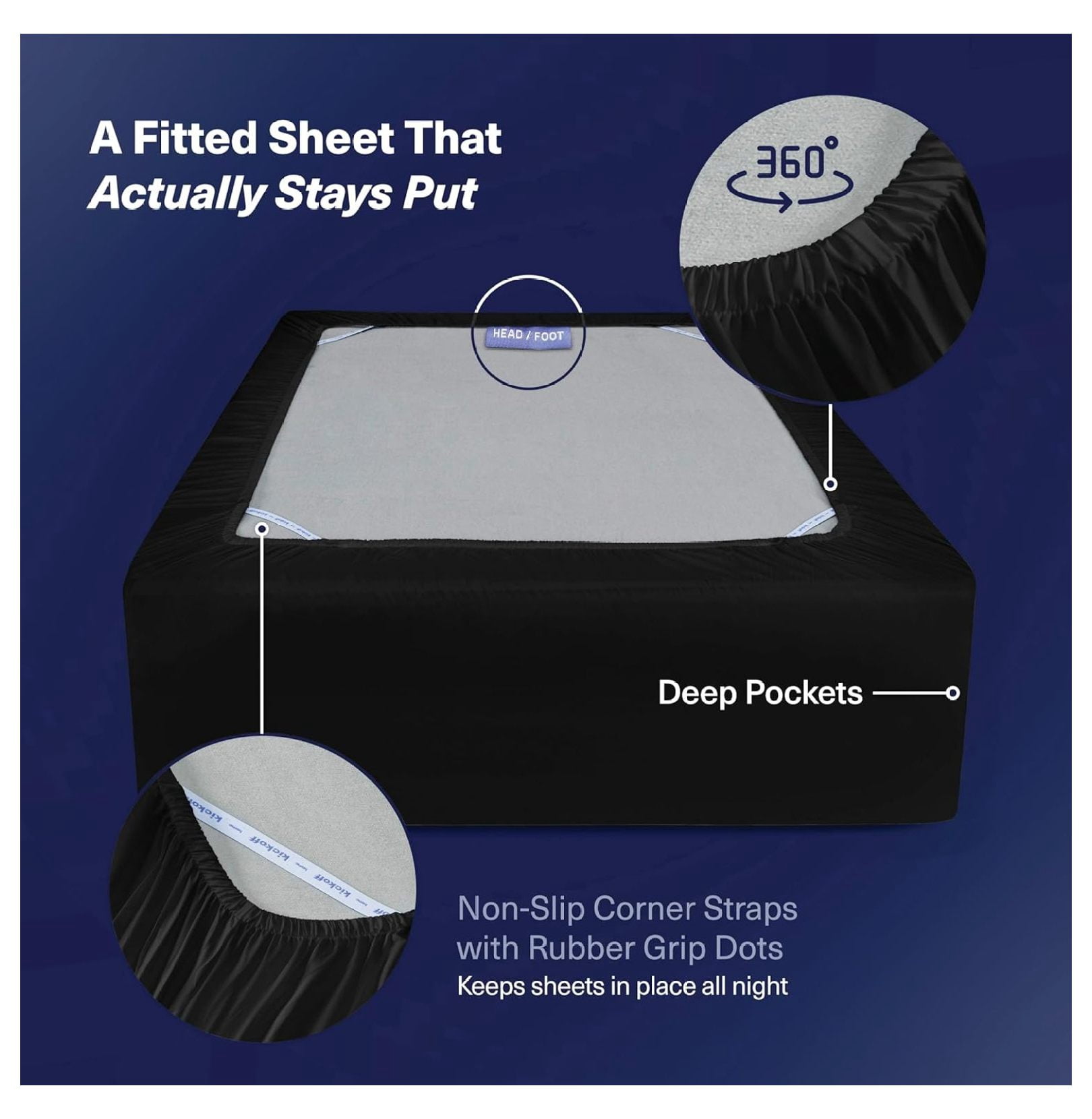 Kickoff Viscose Bamboo Fitted Sheet Queen Size, 100% Organic Cooling Sheets Fitted ONLY Viscose Bamboo Sheets Queen Size Bed Sheet for Hot , Extra Deep Pocket, 4 Corner Strap (Q, Onyx Black)