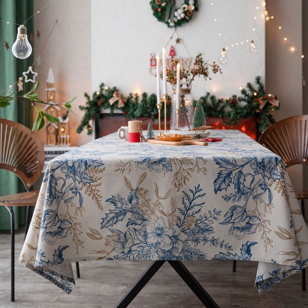 Nvzi Tela rectangular para mesa de comedor navideña con diseño de hojas azules y cuadrícula azul (azul, 260 x 140 cm)