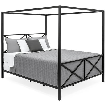 Bedroom Round Canopy Bed Best Choice Products Modern 4 Post Canopy Queen Bed w/ Metal Frame, Mattress Support, Headboard, Footboard - Black ()