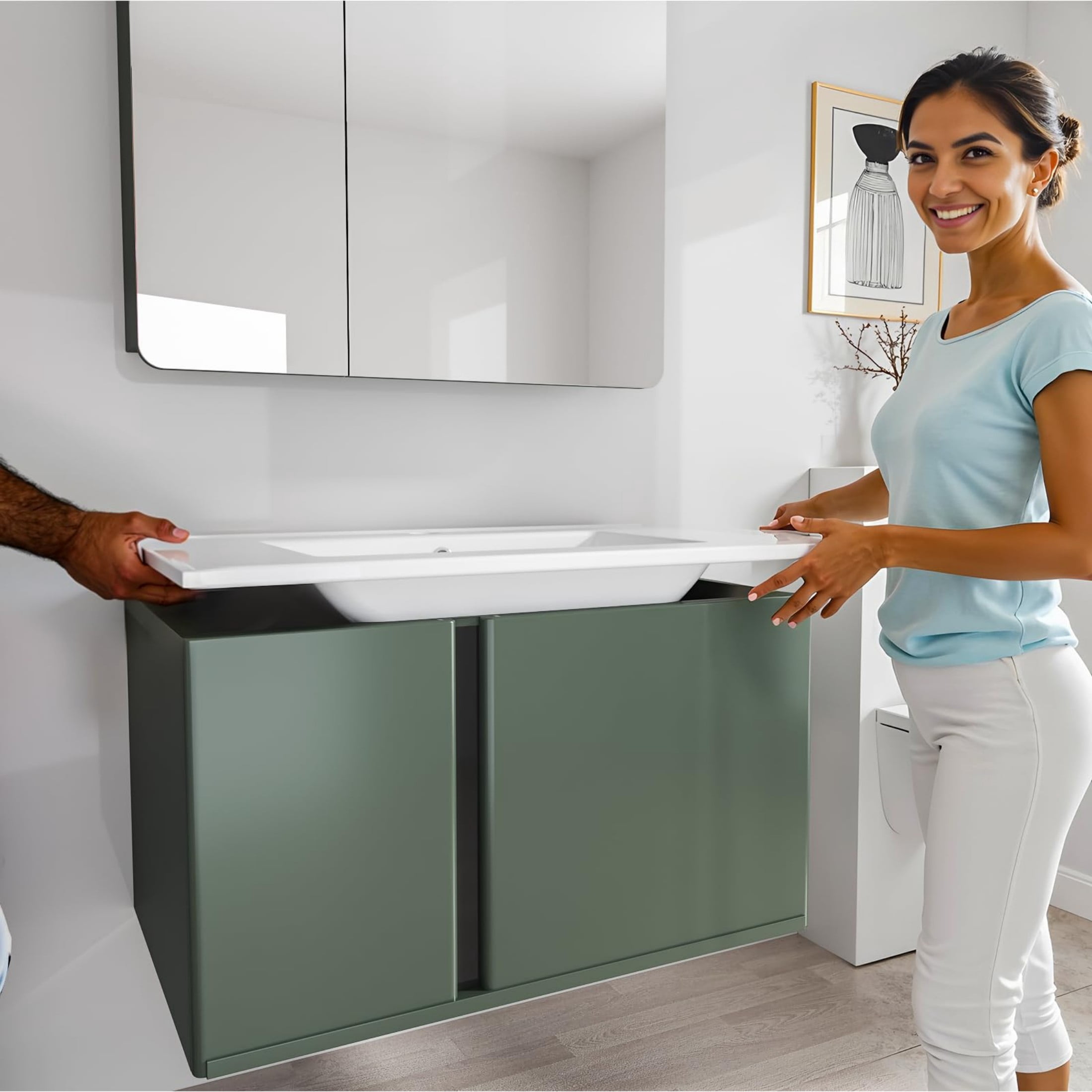 30'' Vanity Sink Top,Bathroom Undermount Ceramic Sink Top W/One Hole, Rectangular Porcelain Sink Basin,Overflow Drain,White