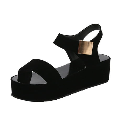 

iOPQO Women s sandals Women s Fashion Platform Wedge Heels Large Size Colorblock Roman Sandals Solid Color Velcro Platform Black 41