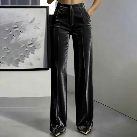 SOOMLON High Waisted Pants for Women Wide Leg Plus Size Button Ankle Pants Velour Long Pants with Pockets Winter Clothes