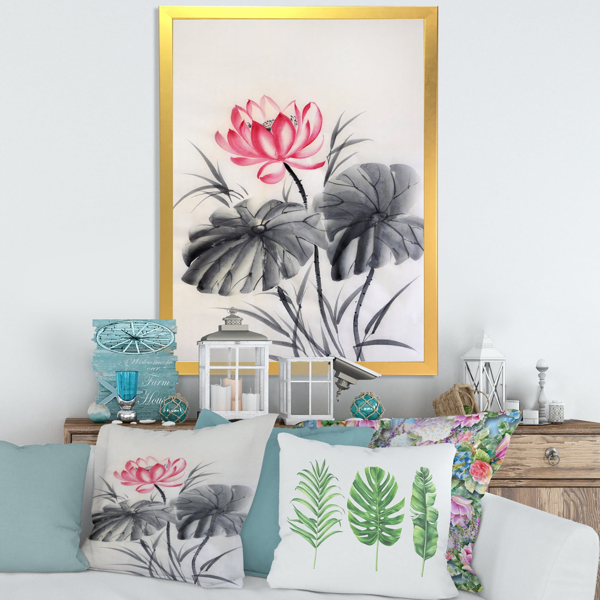 Designart 'Two Monochrome Leaves With Lotus Flower' Traditional Framed Art Print