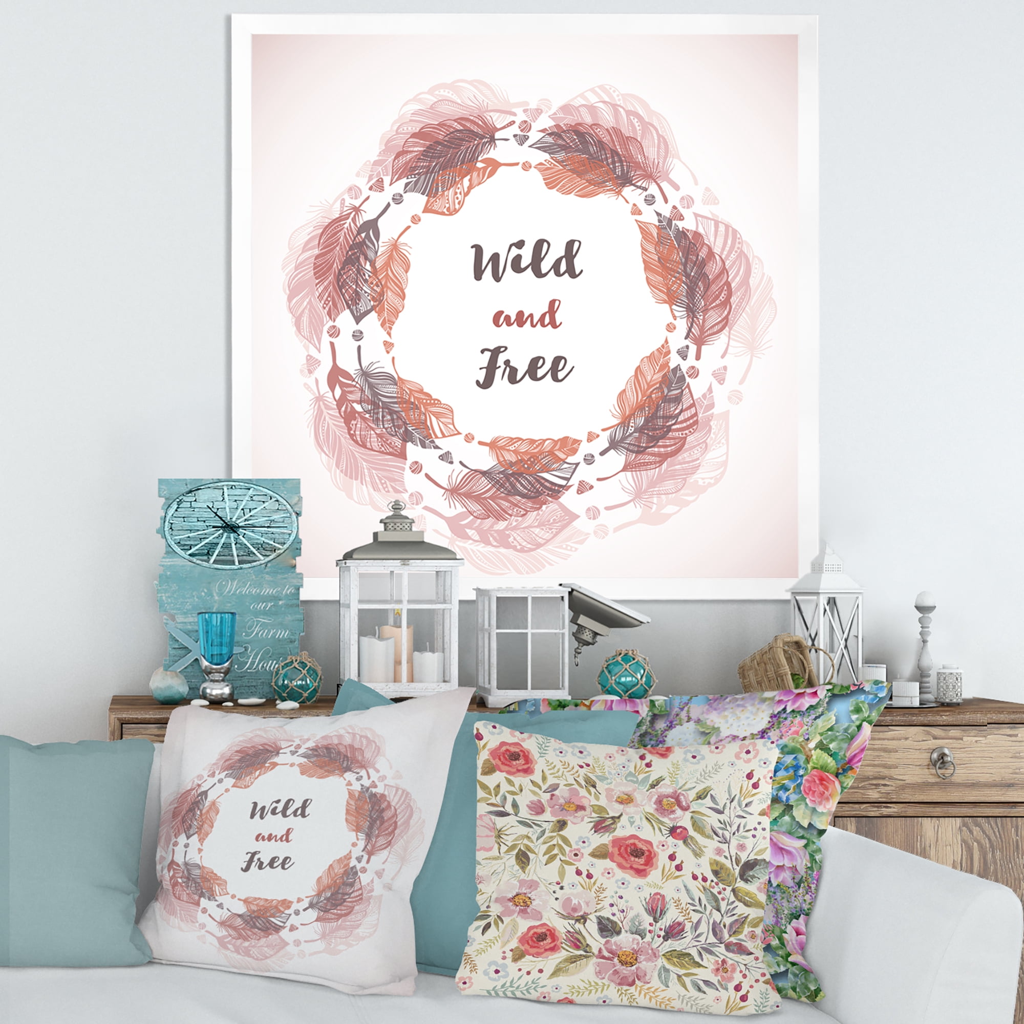 Designart 'Wild and Free Feather Wreath In Boho Style' Bohemian & Eclectic Framed Art Print