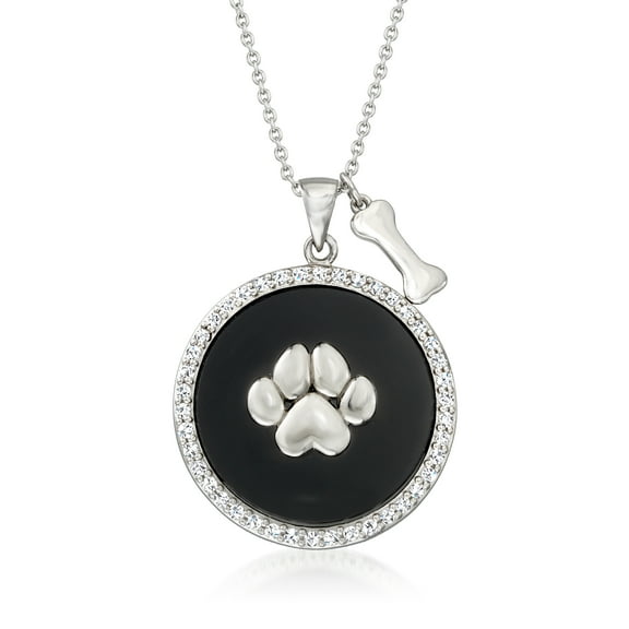 Ross-Simons Black Onyx and .71 ct. t.w. White Topaz Dog Paw Pendant Necklace in Sterling Silver, Women's, Adult