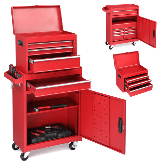 Red Heavy Duty Mobile Tool Cabinet & Cart Combo - 2-in-1 Rolling Workstation w/ 4 Drawers, 200 LB Capacity | Garage Organizer for Mechanics | 40.5" H (Cabinet Cart)