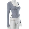 thumbnail image 4 of Lenpel Women's Crop Tops Long Sleeve Square Neck Ruched Side Split Slim T-Shirts Cropped Tee Blouses Going out Tops(Gray,Medium), 4 of 5