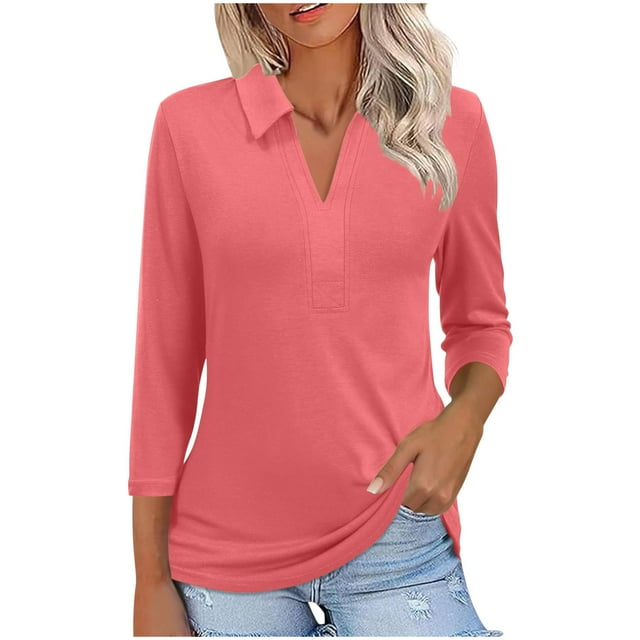 Olyvenn T-Shirts à Manches 3/4 Col en V pour Femmes, Basiques Décontractés d'Été, Chemises Unies à Col, Tuniques Amples Roses P