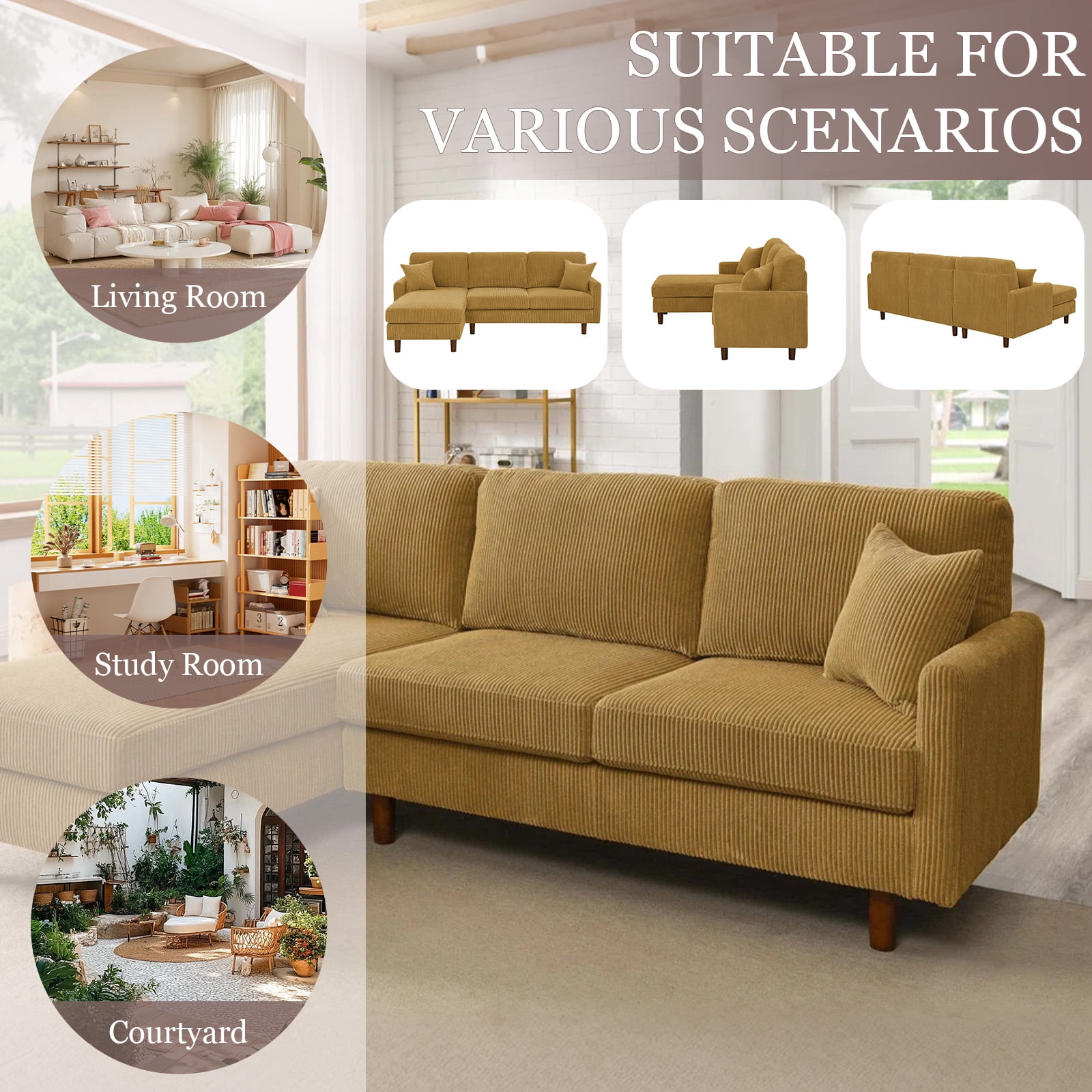 MOONMISS 93" Sectional Sofa , L-Shaped 3-Seat Sofa Couch with Chaise for Livingroom,Yellow