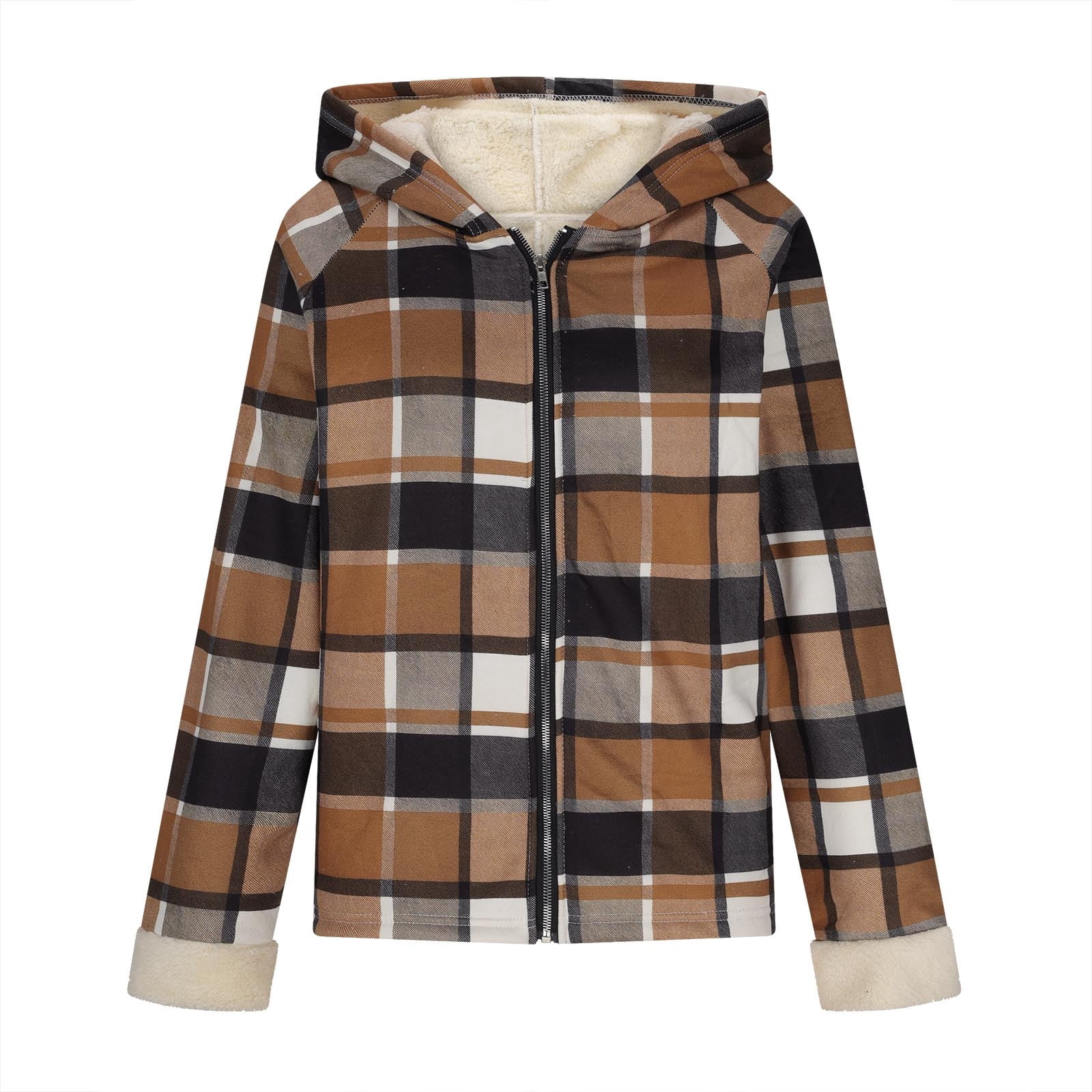 Womens Winter Coats Plaid Woolen Full-zip Hooded Jackets with Sherpa Lined Thick Warm Faux Shearling Outerwear (XL, Khaki)